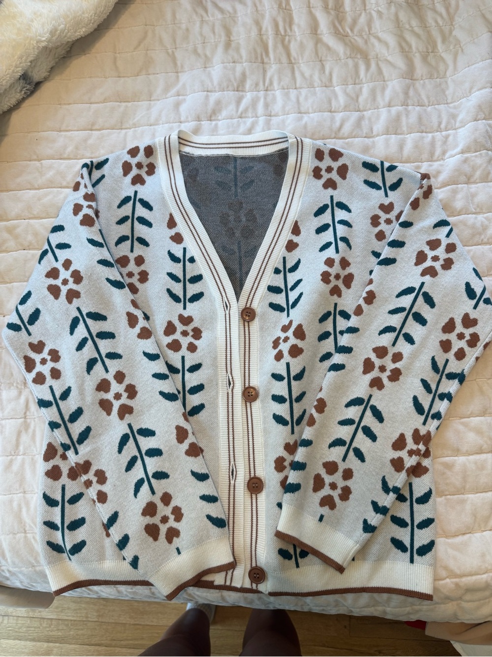Amazon Cream Floral Button-Up Cardigan with Brown and Teal Motif